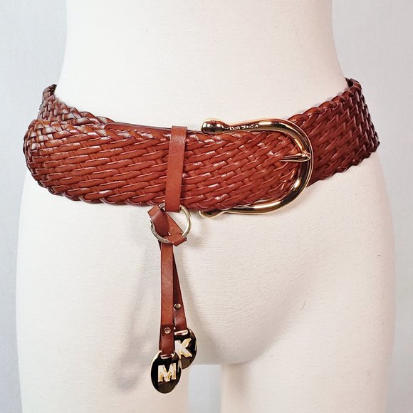 Michael Kors Leather Woven Wide  Belt - Size Small  Gold Buckle and  LOgo - Picture 1 of 4
